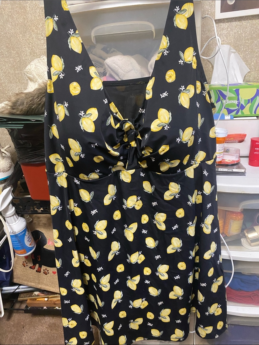 Catherines Black One-Piece Swimdress with Yellow Lemon Print